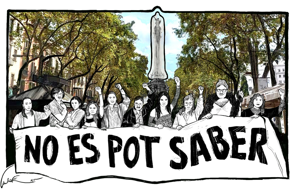 Un grup de persones manifestant amb una pancarta que diu "NO ES POT SABER" a Barcelona.