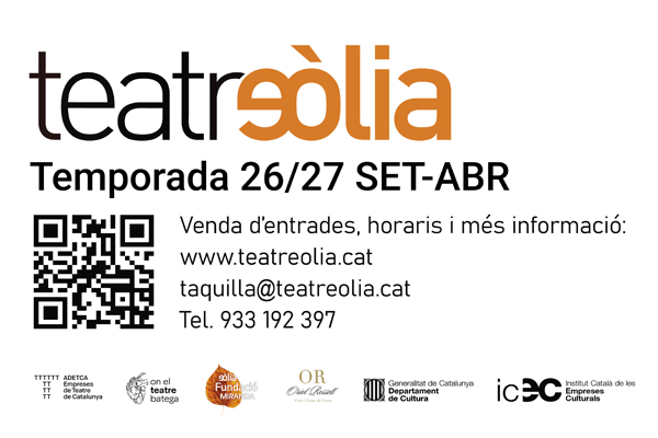 Cartell informatiu de la temporada 26/27 del Teatre Eòlia, amb dades de contacte, codi QR i logotips d'entitats col·laboradores.